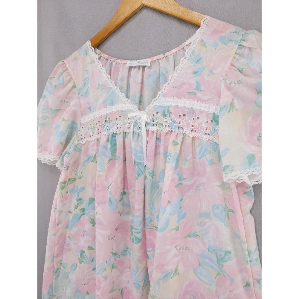 Vintage Miss Elaine Nightgown Sz Medium Pink Floral Lace Trim Short Sleeve USA - Picture 3 of 11